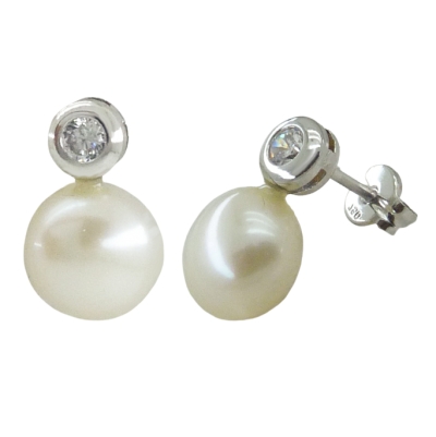 PENDIENTES CHATON ORO BLANCO 2.5MM Y PERLA 7/7.5MM.PRESION - RG1622B