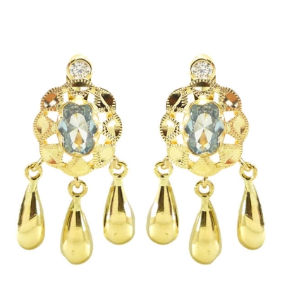 PENDIENTES CUBANA PIEDRA 6x4MM COLOR AGUAMARINA Y  3 LAGRIMAS.CATALAN.20MM. - RG7921A