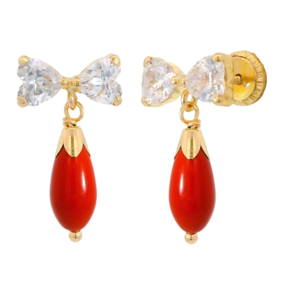 PENDIENTES LAZO 2 CORAZONES 4x4  Y PERITA COLOR CORAL - RG6048C