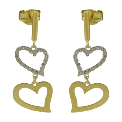 PENDIENTES BICOLOR DOBLE CORAZON Y CIRCONITAS. 24MM.PRESION - RG5123