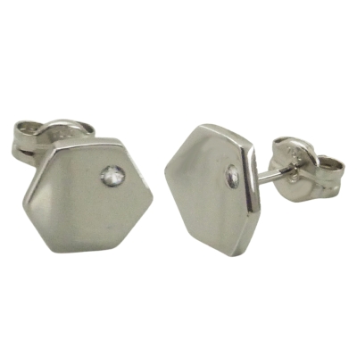 PENDIENTES HEXAGONO CONCAVO ORO BLANCO. 8MM. - RG4475B