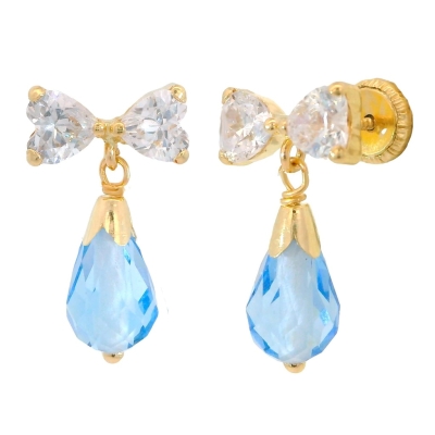 PENDIENTES LAZO DOS CORAZONES 4x4MM Y  PERITA CRISTLA COLOR AGUAMARINA. - RG6048A