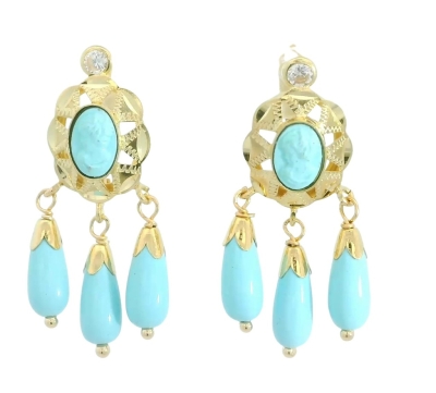 PENDIENTE CUBANA CAMAFEO 6x4MM.COLOR TURQUESA.27MM.TRES CAMPANAS. - RG8350T