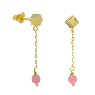 PENDIENTES CADENA CUBO PIEDRA TURMALINA ROSA SEMIPRECIOSA - RG00130PR