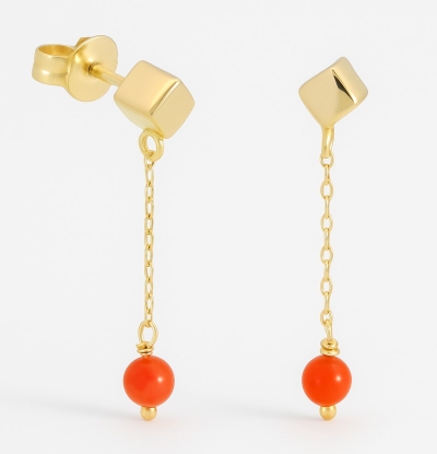 PENDIENTES  CUBO Y BOLAS DE  CORAL NATURAL - RG00130PC