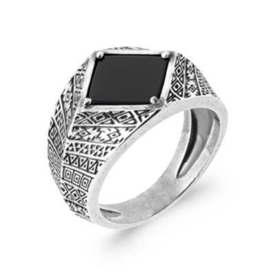 BAGUE ARGENT 925  AGATE NOIRE