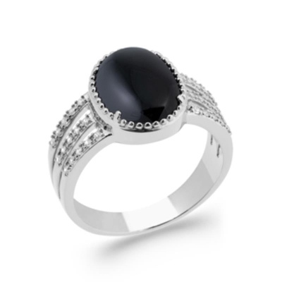 BAGUE ARGENT 925 RHODIE AGATE NOIRE
