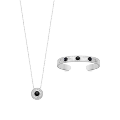 COLLIER ARGENT 925 RHODIE AGATE NOIRE